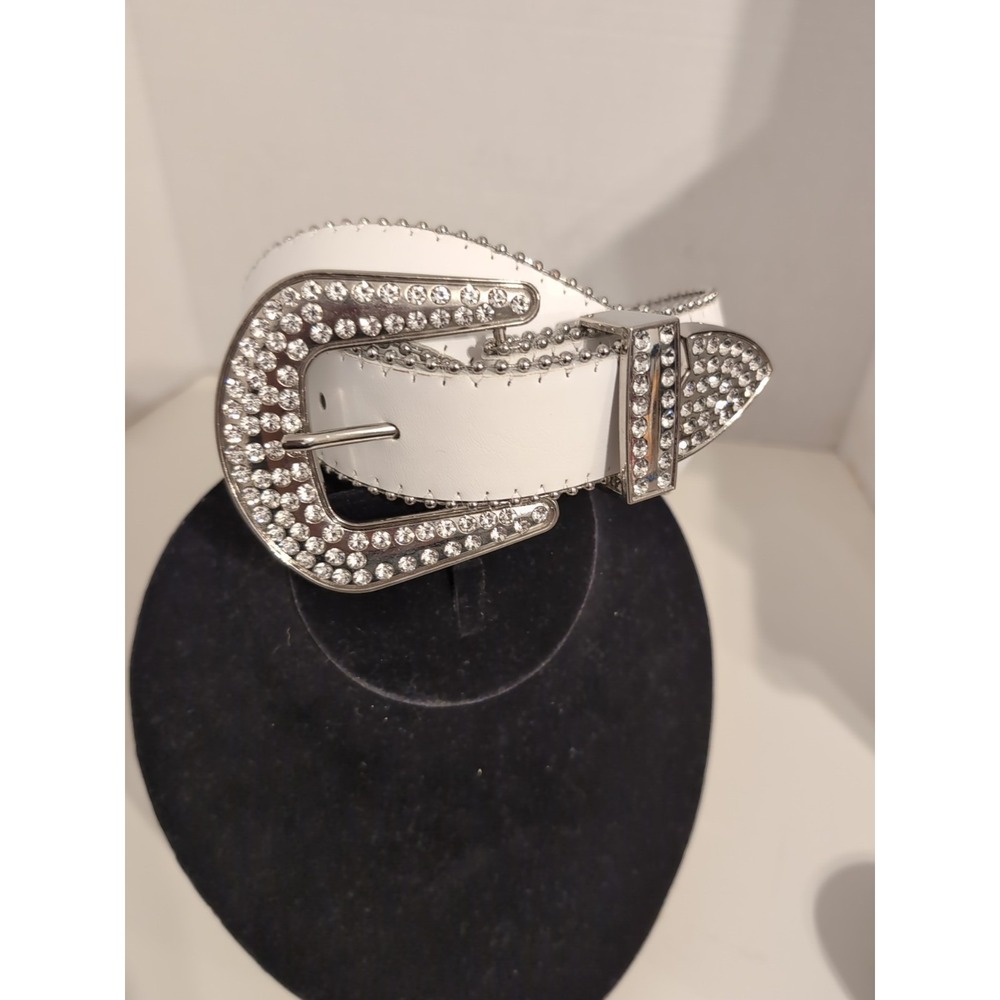 White Silver Buckle Studded and Bling Rhinestone Faux Leather Belt Cowgirl Glam